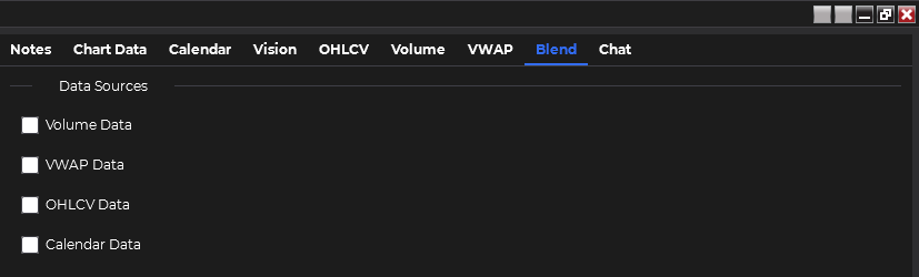 ChartGPT Blend tab with Volume, VWAP, OHLCV, and Calendar data-source choices