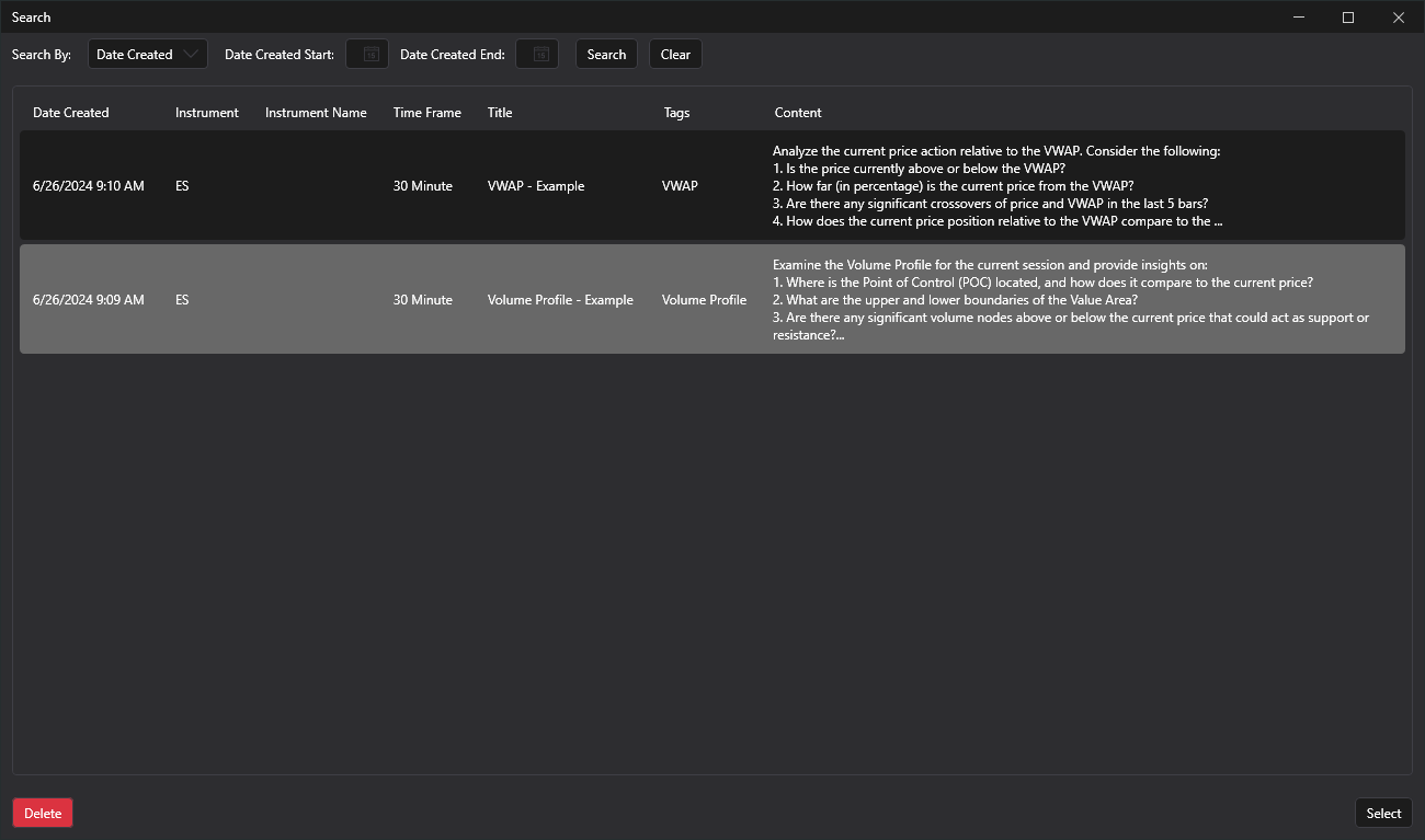 ChartGPT prompt library window with searchable saved prompts.